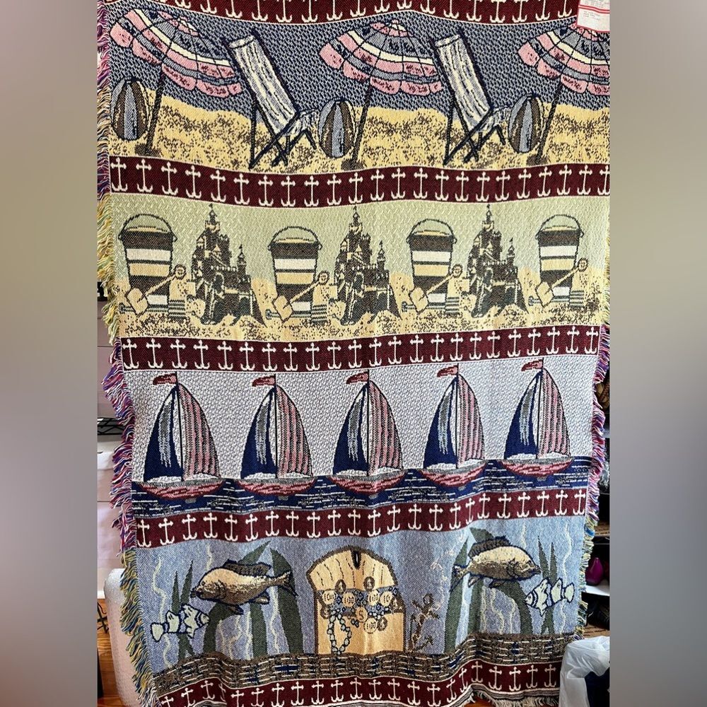 NWT Vintage Masterweave Beach Ocean Scene Two Layer Afghan Tapestry Blanket
